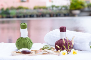 Spa set with massage and spa salon background. Beauty and fashion concept.