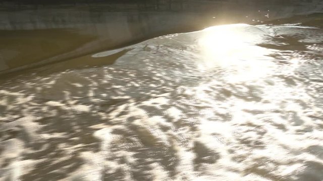 Waves from boat and sunlight reflected from surface.