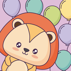 cute lion with colorful balloons over purple background, vector illustration