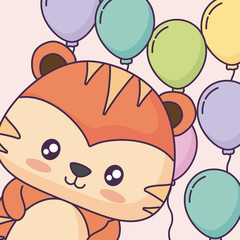 cute tiger with colorful balloons over pink background, vector illustration