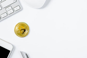 Gold bit coin with top view flat lay and isolated on white background.