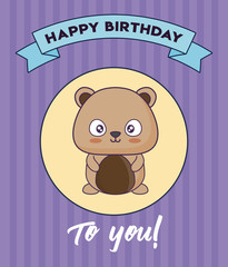 Happy birthday card with cute bear icon and decorative ribbon over purple background, colorful design. vector illustration