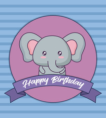 Happy birthday card with cute elephant icon and decorative ribbon over blue background, colorful design. vector illustration