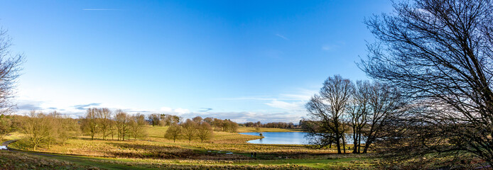 Panorama of Cheshire landscape and countryside near Knutsford UK in warm spring sunshine