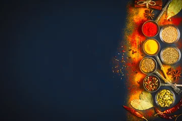 Rolgordijnen Houten tafel met kleurrijke kruiden © alefat