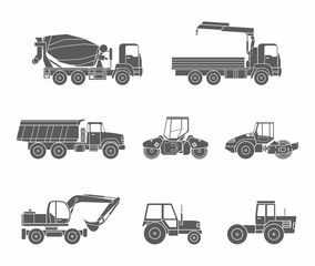 Construction machines icons set, Silhouette