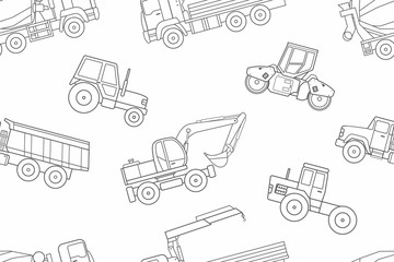 Seamless pattern Construction machines, thin line style