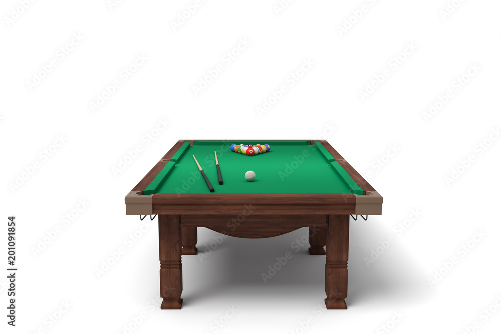 Poster 3d rendering of an isolated billiard table with a full set of sticks and balls in its surface.