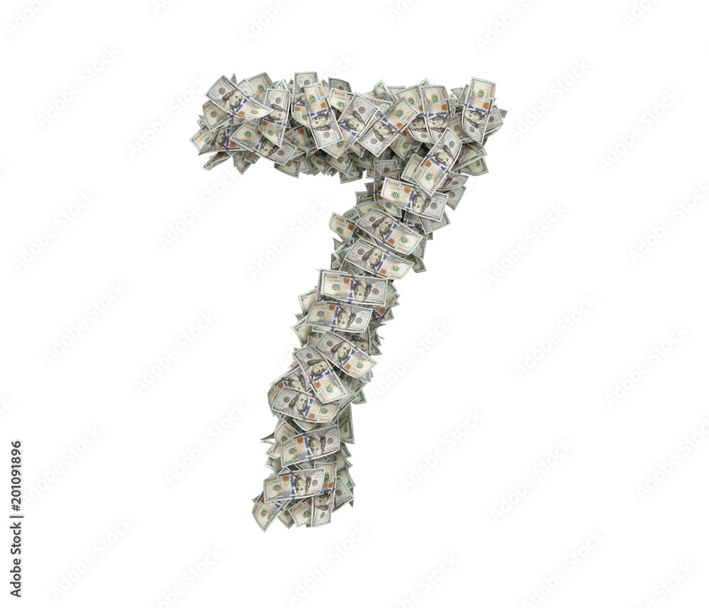 Poster 3d rendering of a large number 7 made of countless 100 dollar bills on a white background.