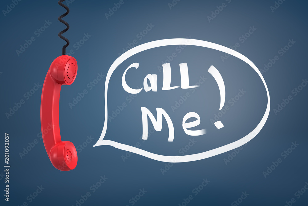 Poster 3d rendering of a red retro phone handle hanging down on a coiling cord near words call me inside a 