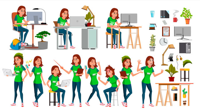 Young Business Woman Set Character Vector. In Action. IT Startup Business Company. Environment Process. Teen. Cartoon Illustration