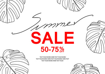 Banner template for summer sale with monstera leaves random on the border.