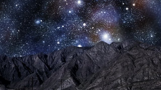 road and mountains in the background moving starry sky. fantastic stars and galaxies in motion