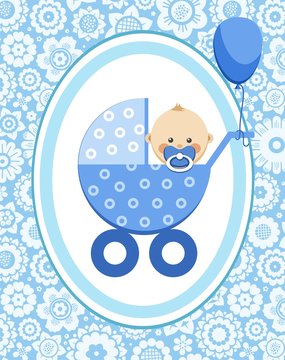 Little boy, card, floral background, vector. A little boy in a blue stroller. A blue ball is tied to the stroller. Color, flat card. Congratulation. Blue flowers on a blue field.  