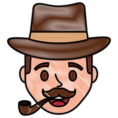 young man head with elegant hat and pipe wooden vector illustration design