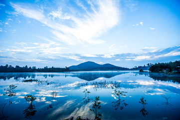 View over the lake with mountains in the background