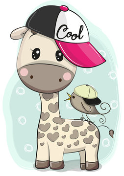 Cute Cartoon Giraffe in a cap with a bird