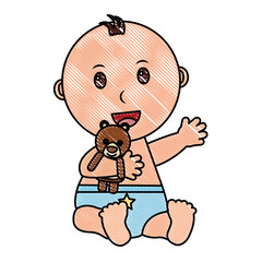 baby boy with diaper and bear teddy in hand vector illustration design