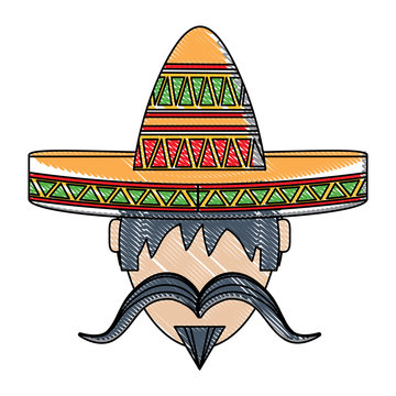 man with mustache and mexican hat icon over white background, vector illustration