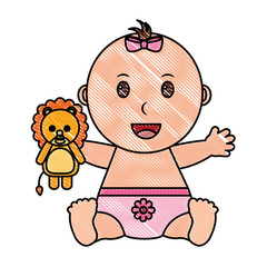 baby girl with diaper and lion teddy in hand vector illustration design