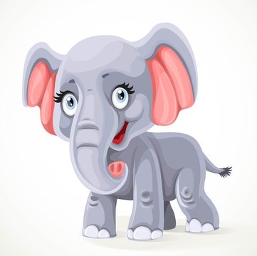 Cute little cartoon elephant standing on white background