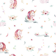 Cute watercolor unicorn seamless pattern with flowers. Nursery magic unicorn patterns. Princess rainbow texture. Trendy pink cartoon pony horse. © kris_art