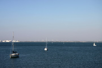 Fototapeta premium Sailing yachts in the harbor of the seaport of Cadiz on the coast of the Bay of Cadiz in the Atlantic Ocean.