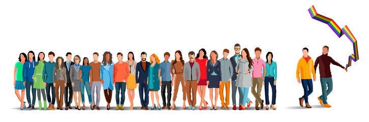 The LGBT parade. LGBT community. Gay parade. People with placards. Sexual revolution or free love. Holiday, celebration. Flat style. Flat design. Vector illustration Eps10 file