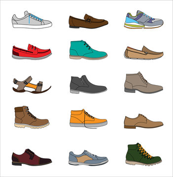 Shoes icons set. Footwear icons set. Set of shoes icons in a flat style. Collection of shoes pictograms. Shoe icons on white background. Vector illustration Eps10 file