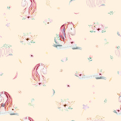 Cute watercolor unicorn seamless pattern with flowers. Nursery magic unicorn patterns. Princess rainbow texture. Trendy pink cartoon pony horse.
