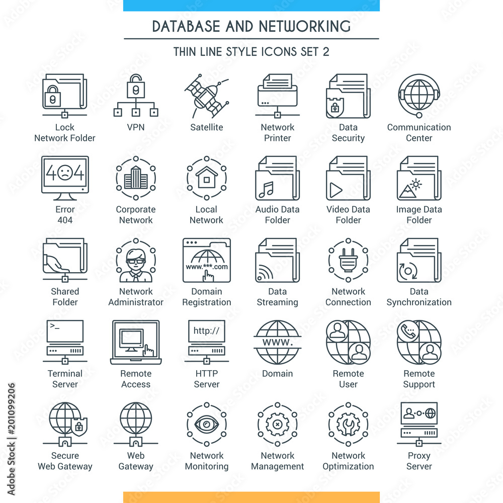 Poster database and networking icons set. modern icons on theme storage, analysis, organization, synchroniz