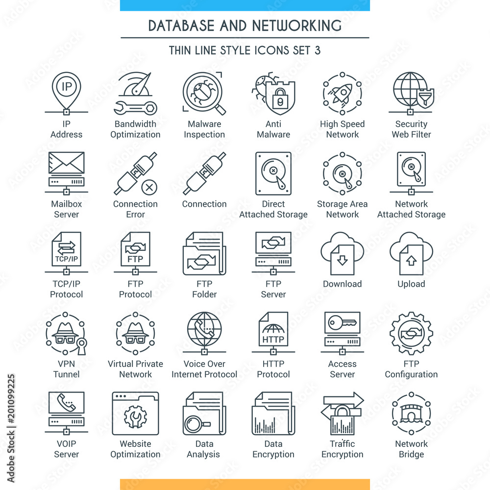 Poster database and networking icons set. modern icons on theme storage, analysis, organization, synchroniz