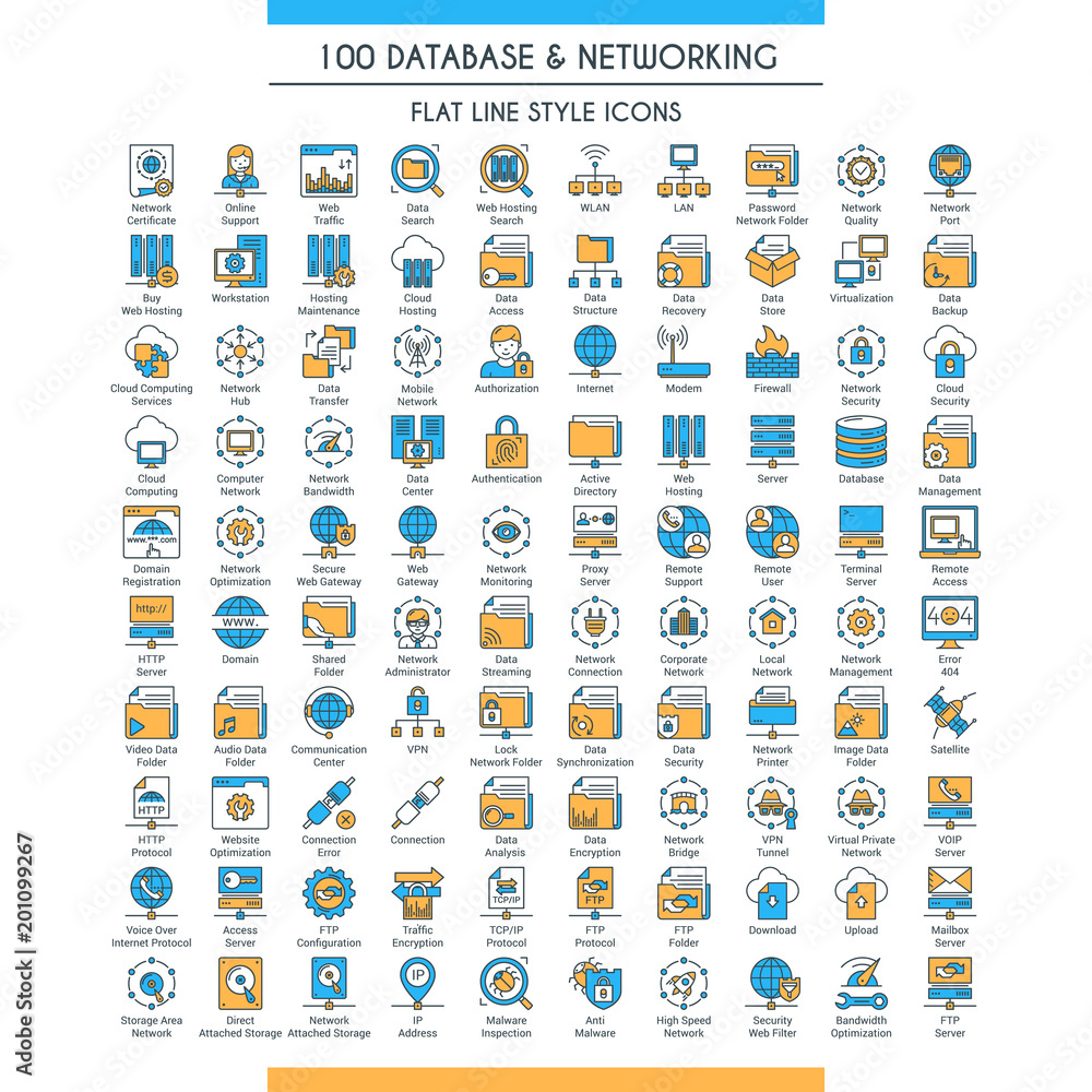Poster database and networking big icons set. modern icons on theme storage, analysis, organization, synchr