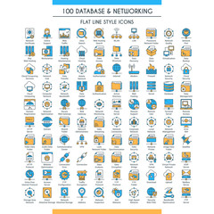 Database and networking big icons set. Modern icons on theme storage, analysis, organization, synchronization and data transfer. Flat line design icons collection. Vector illustration