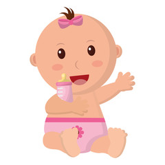 baby girl with diaper and bottle milk in hand vector illustration design