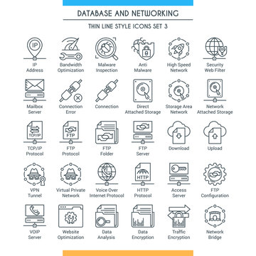 Database and networking icons set. Modern icons on theme storage, analysis, organization, synchronization and data transfer. Thin line design icons collection. Vector illustration
