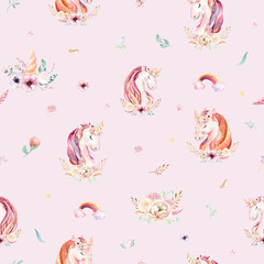 Cute watercolor unicorn seamless pattern with flowers. Nursery magic unicorn patterns. Princess rainbow texture. Trendy pink cartoon pony horse.