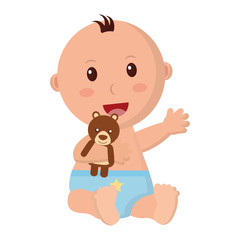 baby boy with diaper and bear teddy in hand vector illustration design