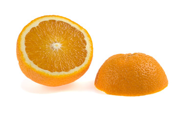 orange, cut in half on a white background