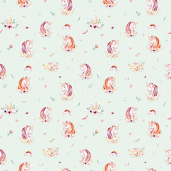 Cute watercolor unicorn seamless pattern with flowers. Nursery magic unicorn patterns. Princess rainbow texture. Trendy pink cartoon pony horse.