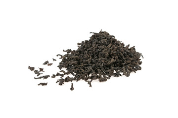 pile of black large-leafed tea on white background