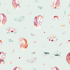 Cute watercolor unicorn seamless pattern with flowers. Nursery magic unicorn patterns. Princess rainbow texture. Trendy pink cartoon pony horse.
