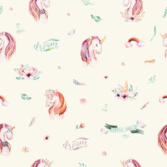 Cute watercolor unicorn seamless pattern with flowers. Nursery magic unicorn patterns. Princess rainbow texture. Trendy pink cartoon pony horse.