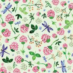 Seamless pattern with watercolor clovers, wild flowers and dragonflies on light green background