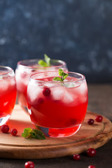 Summer refreshing cocktail with cranberry juice, ice cubes and mint on the wooden cutting board.