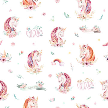 Cute watercolor unicorn seamless pattern with flowers. Nursery magic unicorn patterns. Princess rainbow texture. Trendy pink cartoon pony horse. © kris_art