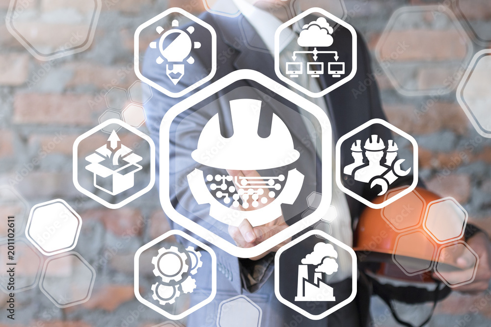 Poster smart engineering and agile development industry concept. man with hard hat clicks on a circuit cogw