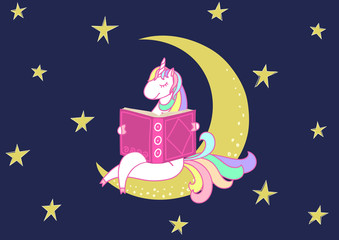 Cute unicorn reading bedtime story on the moon under night starry sky. Vector illustration.