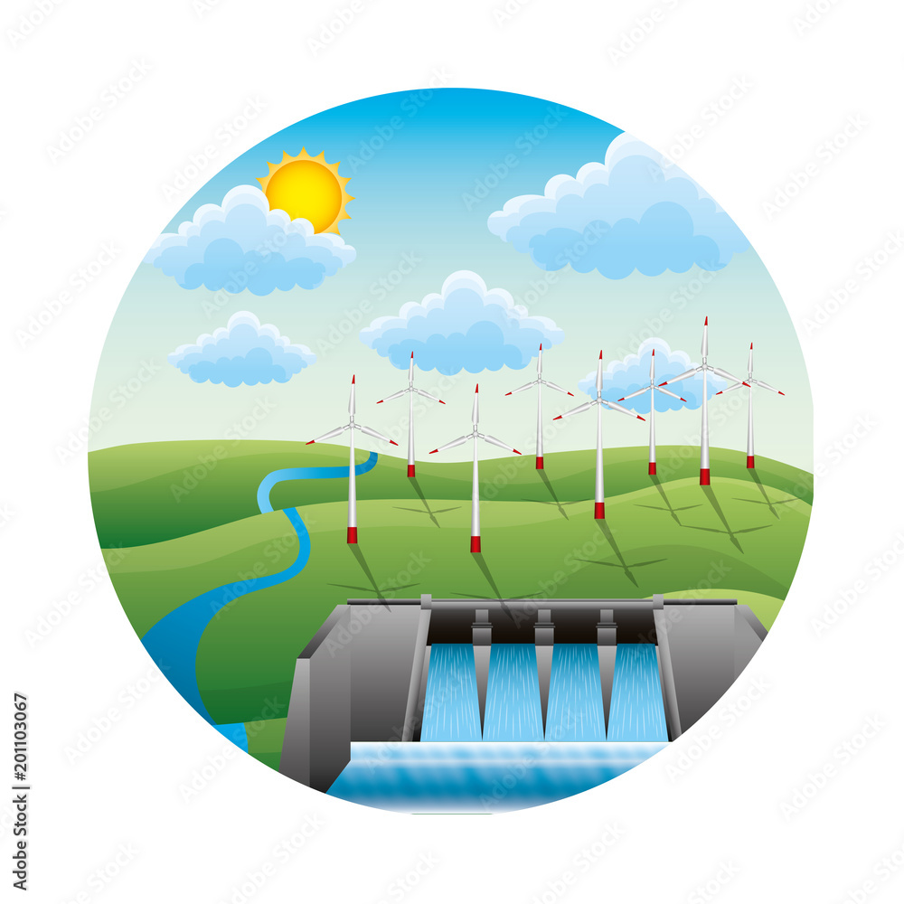 Sticker hydroelectric dam with landscape vector illustration design