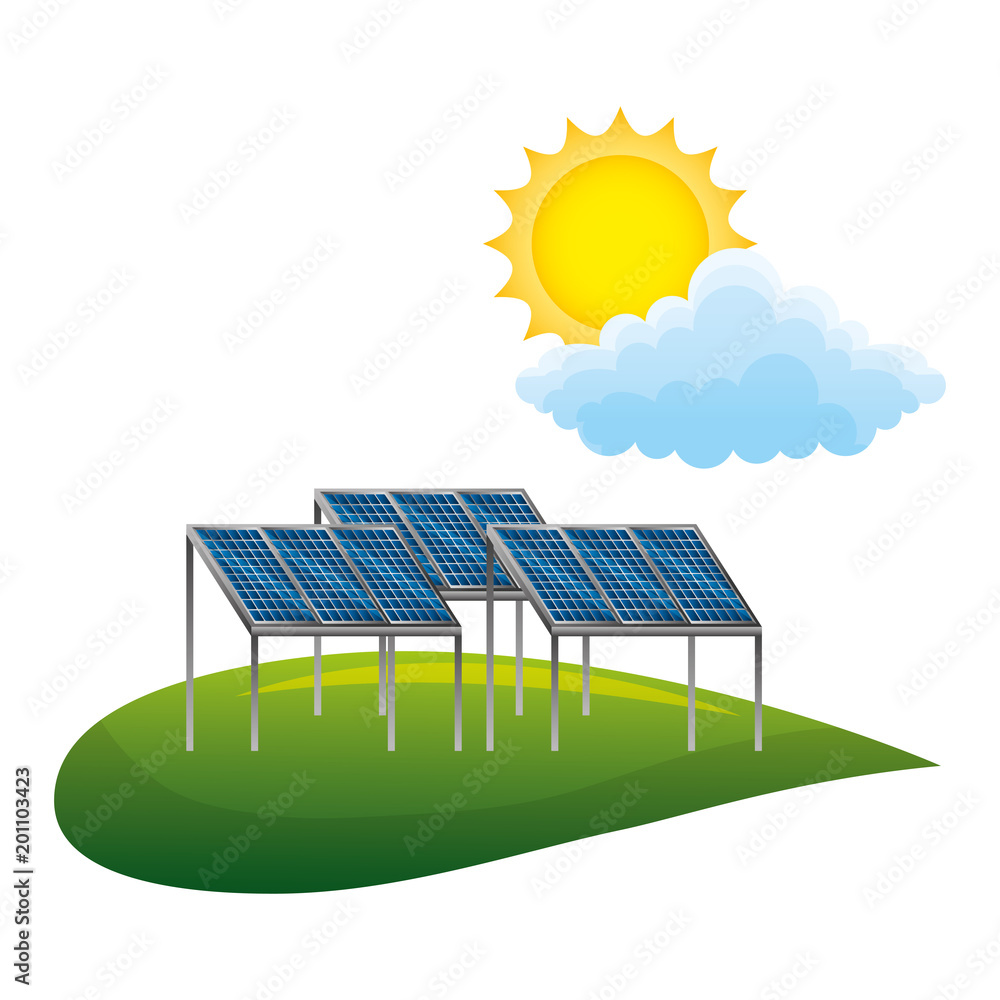 Sticker field with panels solar ecology energy vector illustration design